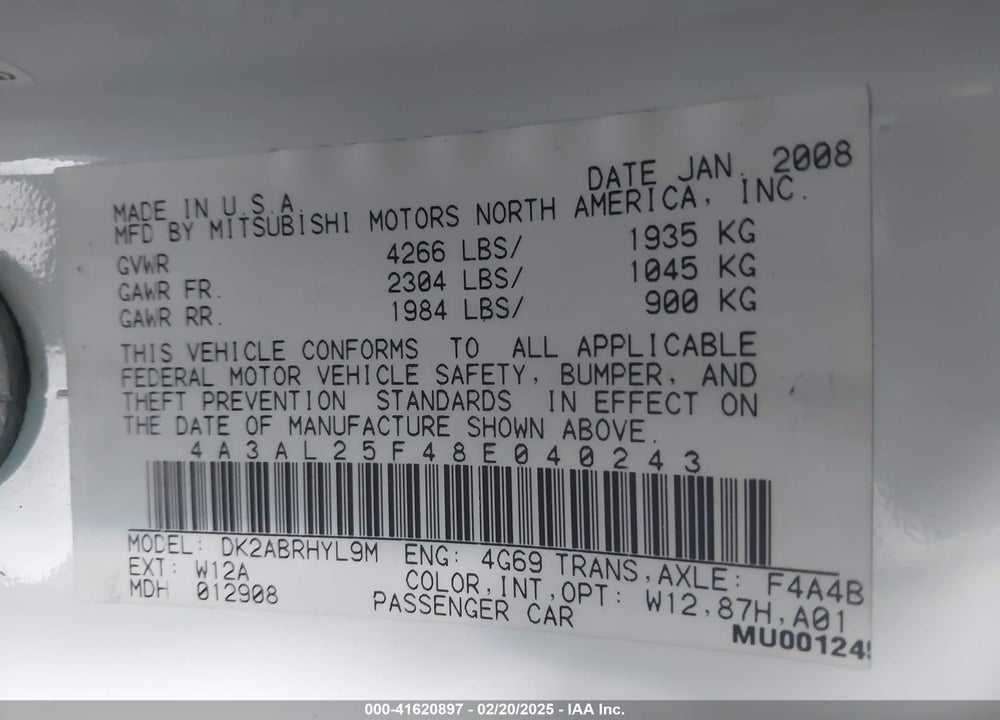 2008 MITSUBISHI ECLIPSE SPYDER GS VIN: 4A3AL25F48E040243