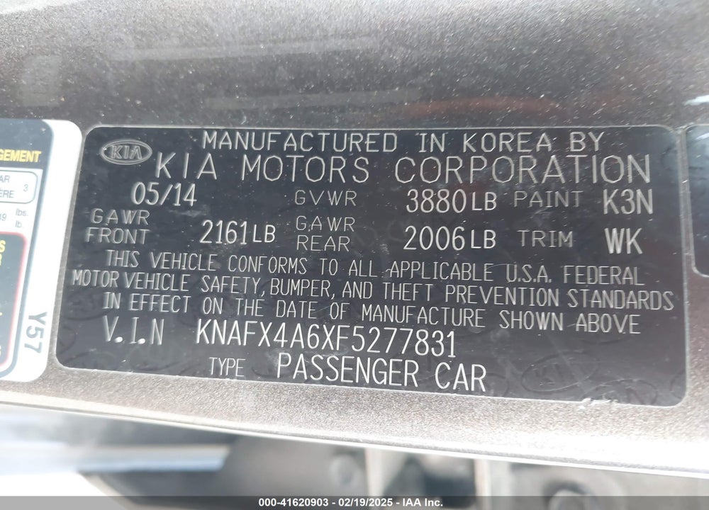 2015 KIA FORTE VIN: KNAFX4A6XF5277831