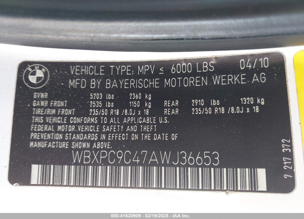 2010 BMW X3 VIN: WBXPC9C47AWJ36653