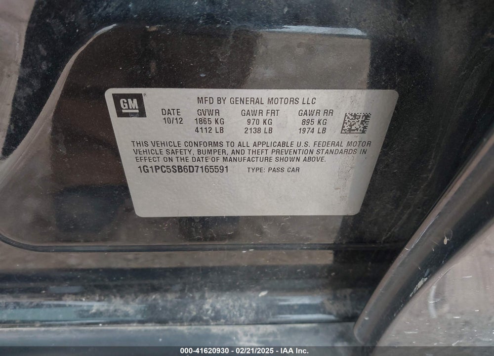 2013 CHEVROLET CRUZE VIN: 1G1PC5SB6D7165591