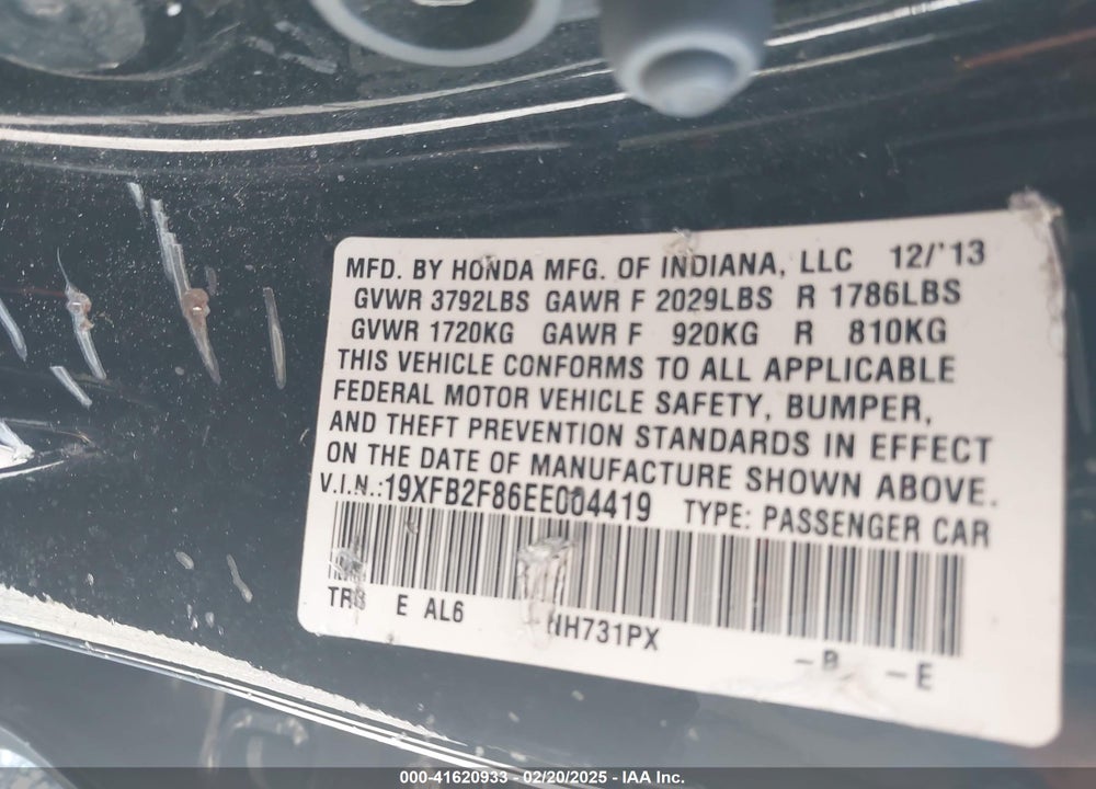 2014 HONDA CIVIC EX VIN: 19XFB2F86EE004419