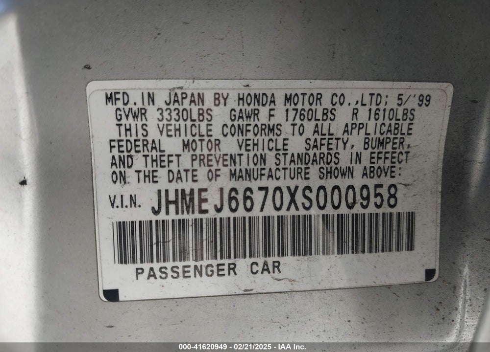 1999 HONDA CIVIC LX VIN: JHMEJ6670XS000958