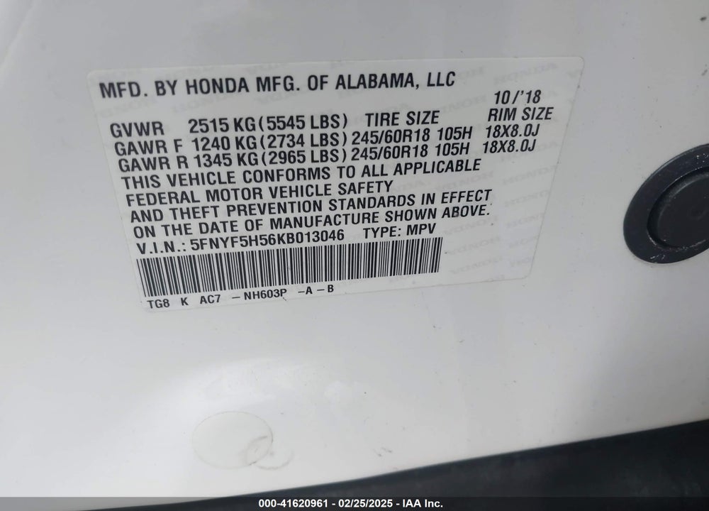 2019 HONDA PILOT EX-L VIN: 5FNYF5H56KB013046