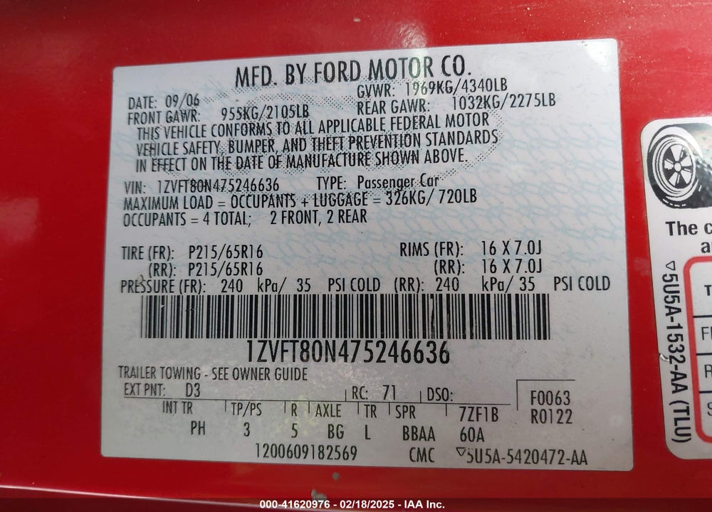 2007 FORD MUSTANG VIN: 1ZVFT80N475246636