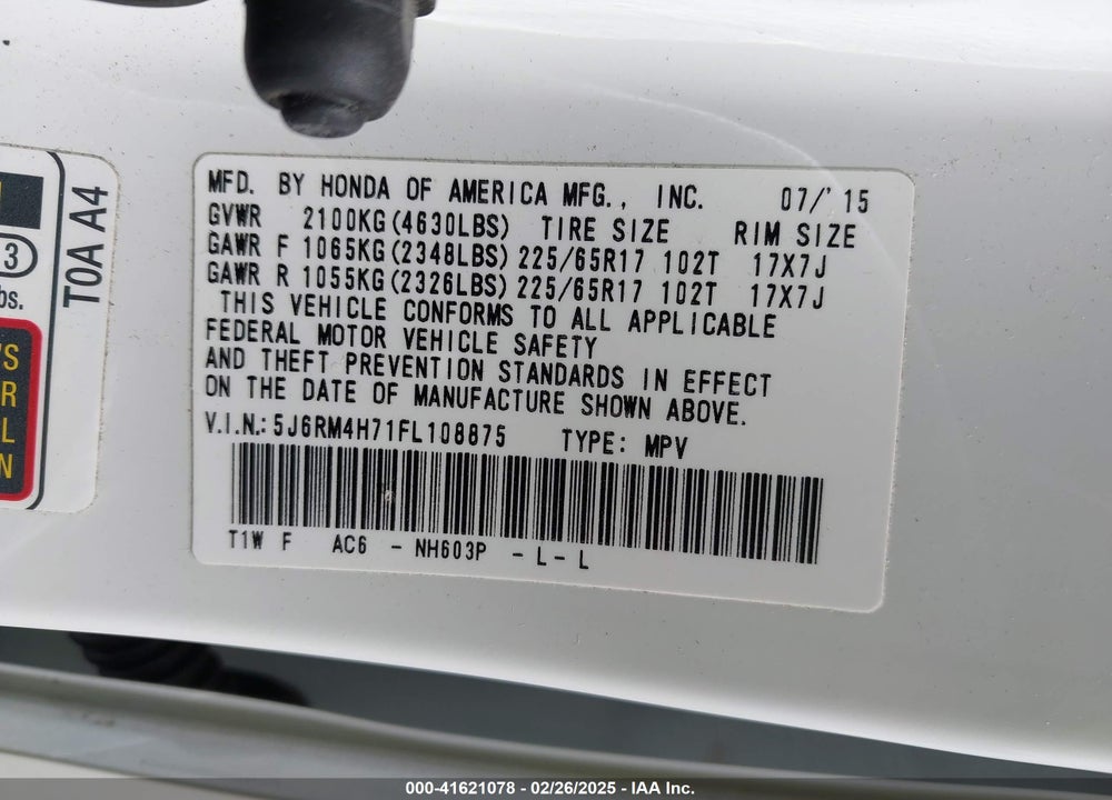 2015 HONDA CR-V EX-L VIN: 5J6RM4H71FL108875