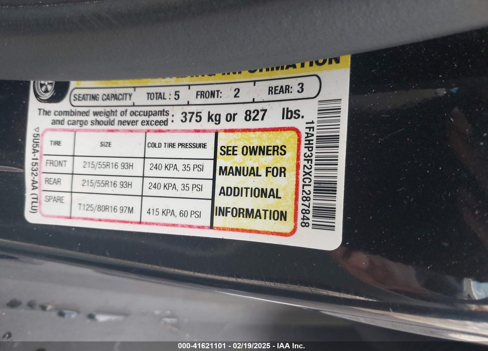 2012 FORD FOCUS VIN: 1FAHP3F2XCL287848