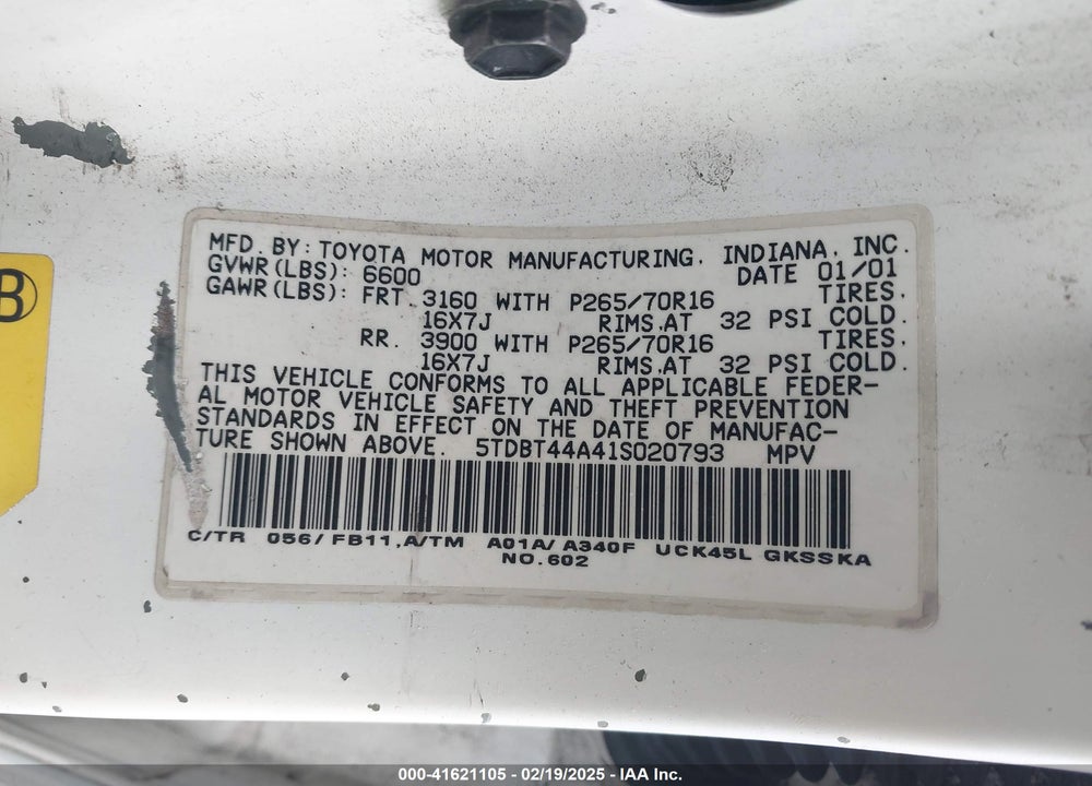 2001 TOYOTA SEQUOIA SR5 V8 VIN: 5TDBT44A41S020793