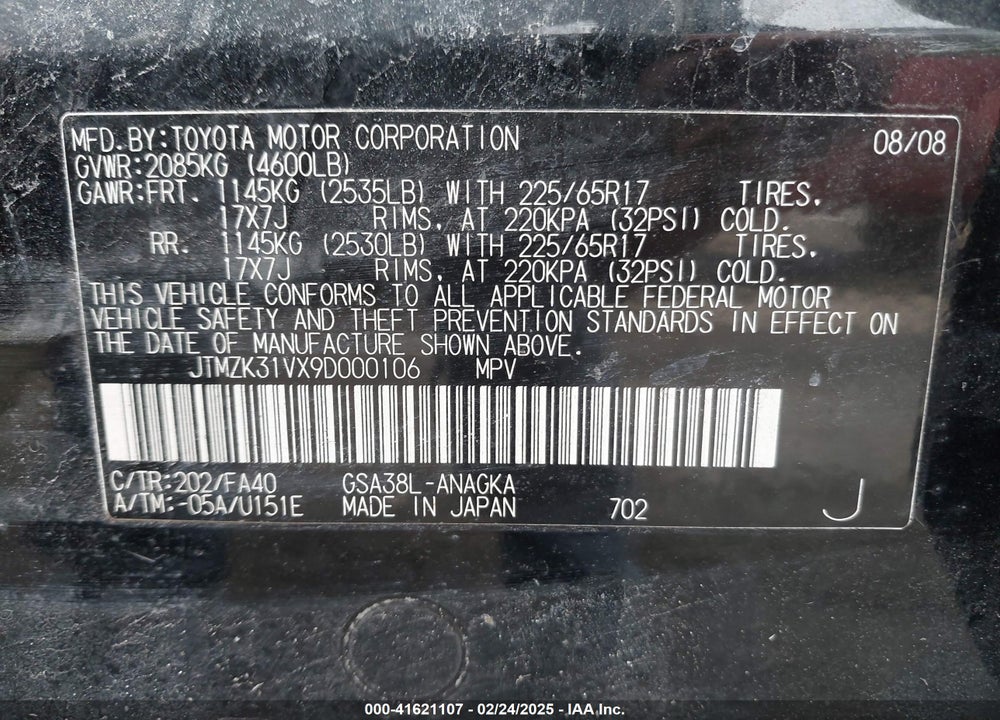 2009 TOYOTA RAV4 LIMITED V6 VIN: JTMZK31VX9D000106