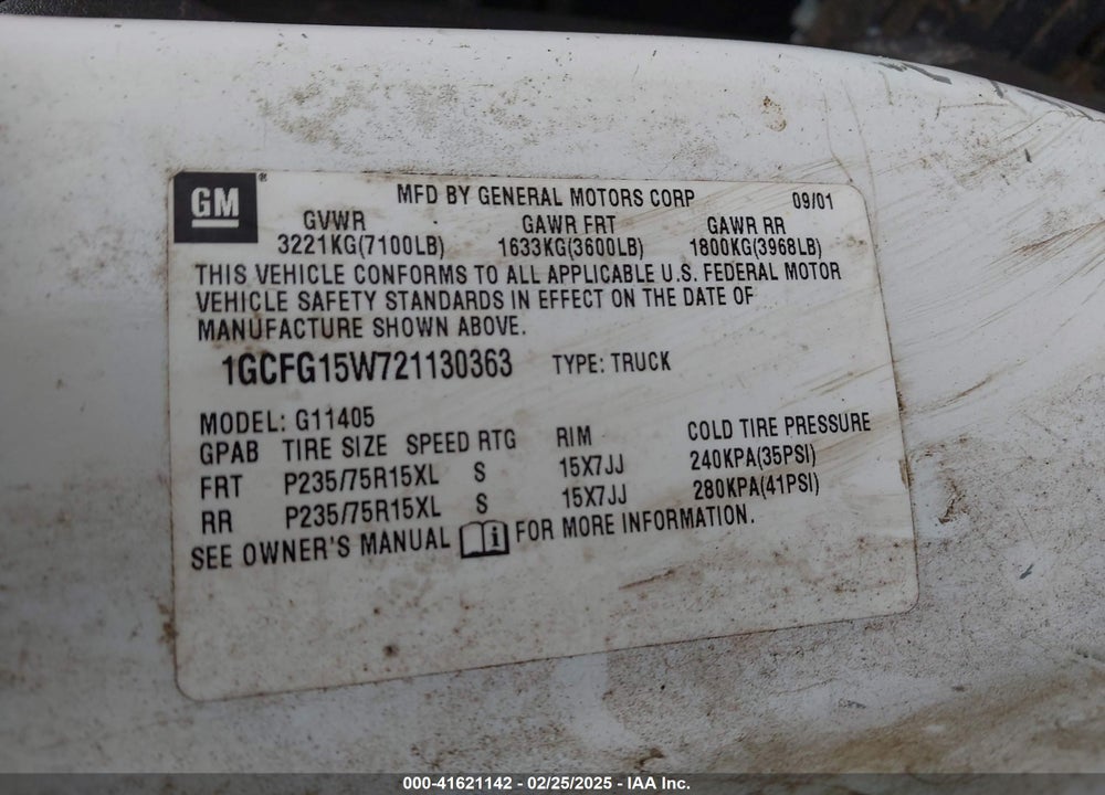 2002 CHEVROLET EXPRESS VIN: 1GCFG15W721130363