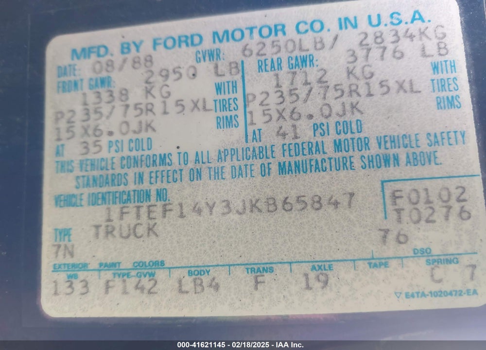1988 FORD F150 VIN: 1FTEF14Y3JKB65847