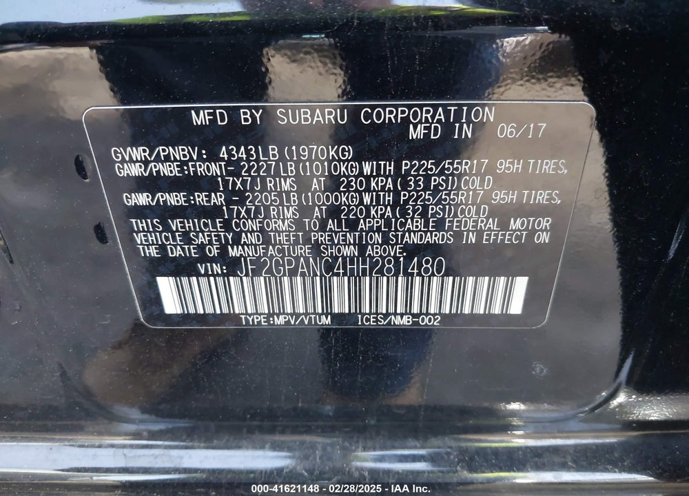 2017 SUBARU CROSSTREK 2.0I LIMITED VIN: JF2GPANC4HH281480