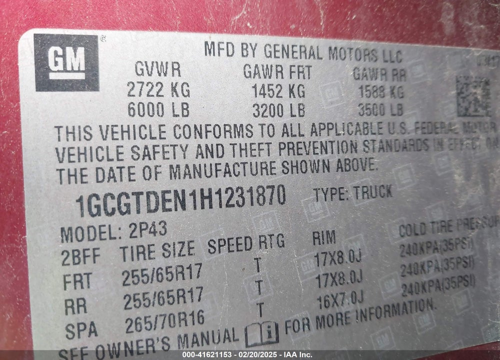 2017 CHEVROLET COLORADO VIN: 1GCGTDEN1H1231870