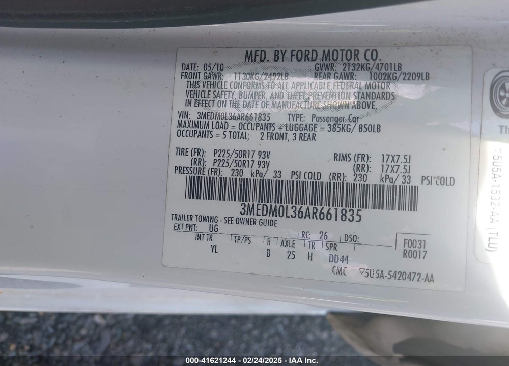 2010 MERCURY MILAN HYBRID VIN: 3MEDM0L36AR661835
