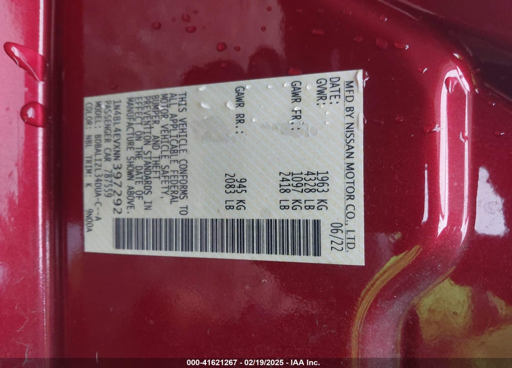 2022 NISSAN ALTIMA SL FWD VIN: 1N4BL4EVXNN397292