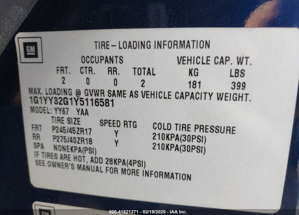 2000 CHEVROLET CORVETTE VIN: 1G1YY32G1Y5116581