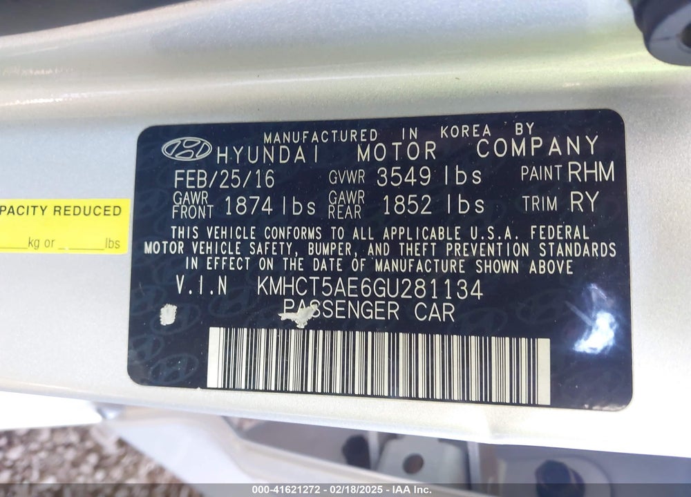2016 HYUNDAI ACCENT VIN: KMHCT5AE6GU281134