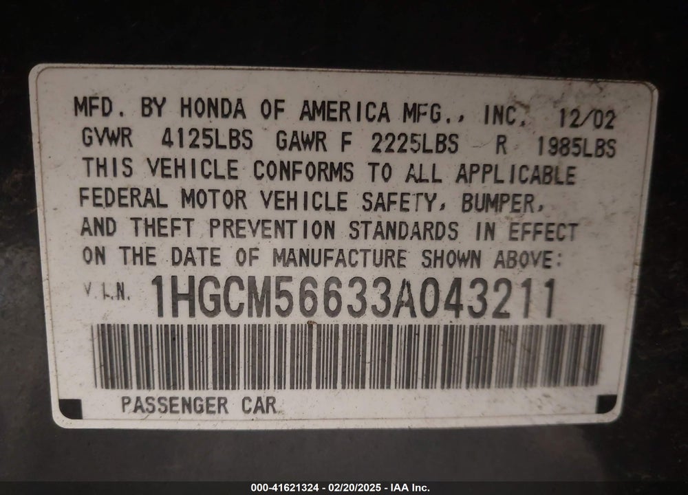 2003 HONDA ACCORD 2.4 EX VIN: 1HGCM56633A043211