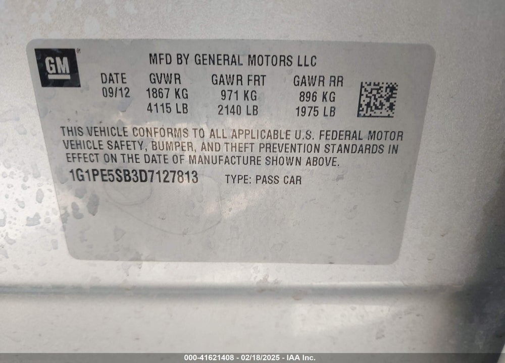 2013 CHEVROLET CRUZE VIN: 1G1PE5SB3D7127813