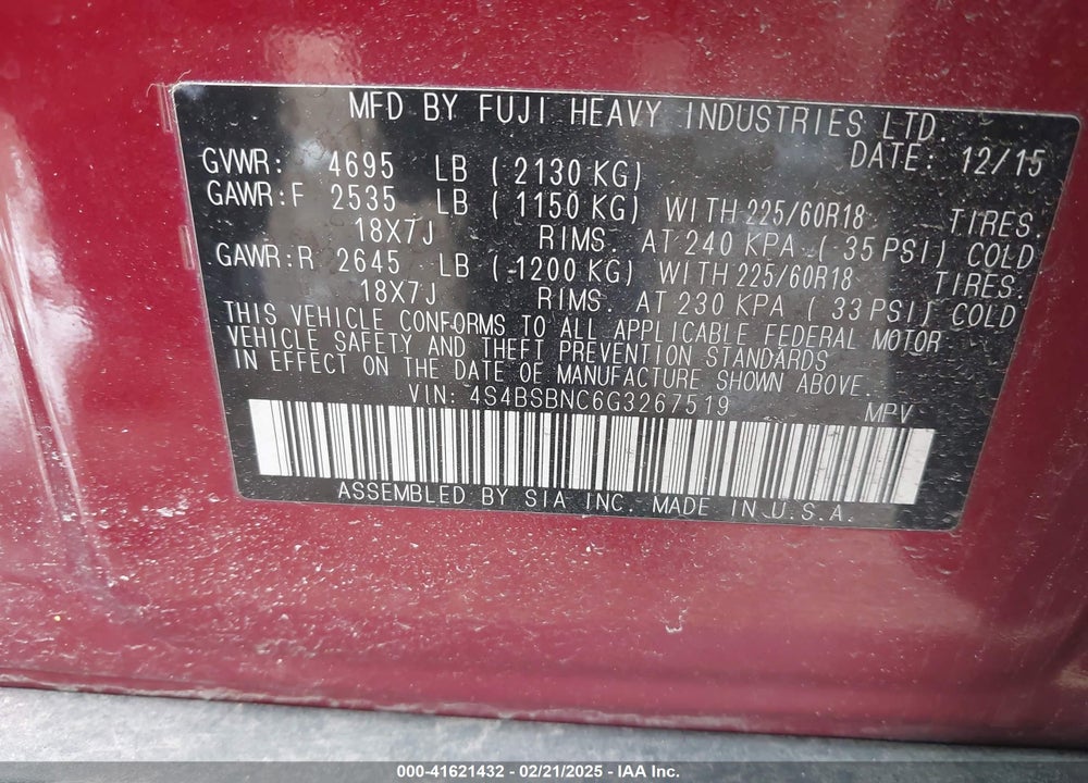 2016 SUBARU OUTBACK 2.5I LIMITED VIN: 4S4BSBNC6G3267519