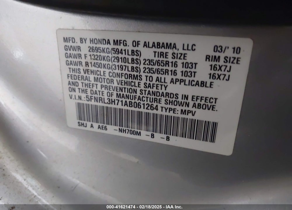2010 HONDA ODYSSEY EX-L VIN: 5FNRL3H71AB061264