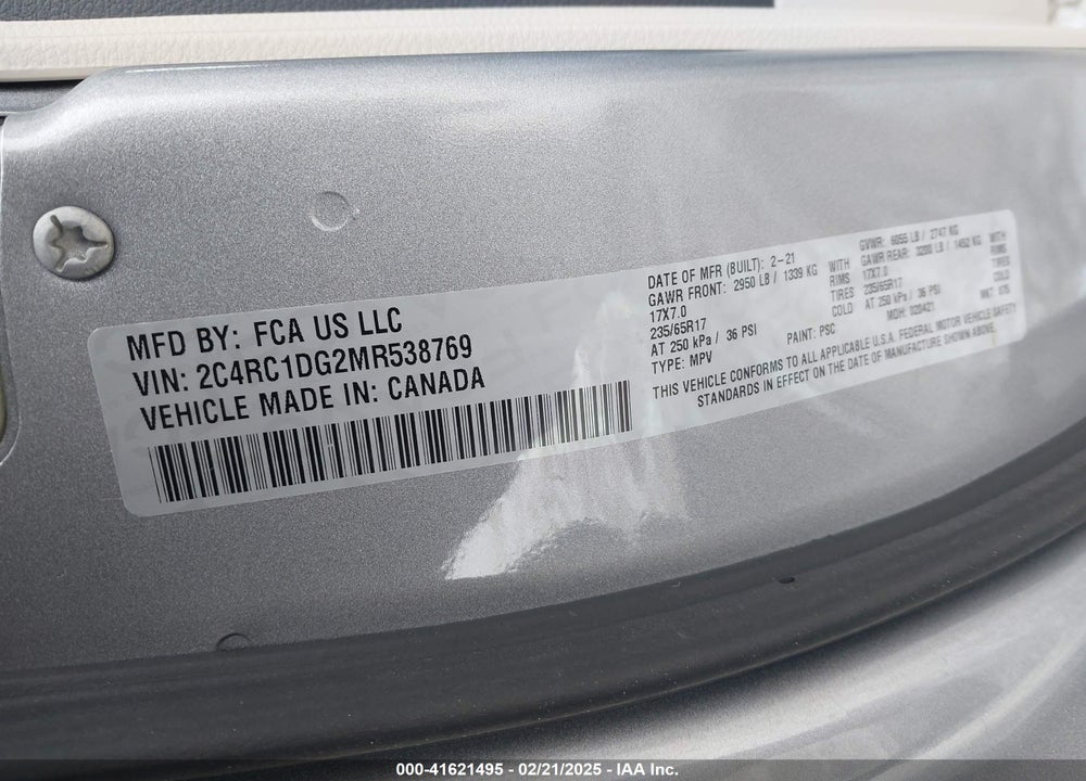 2021 CHRYSLER VOYAGER LXI VIN: 2C4RC1DG2MR538769