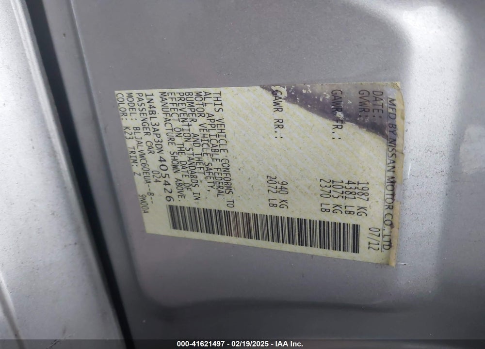 2013 NISSAN ALTIMA VIN: 1N4BL3AP3DN405426