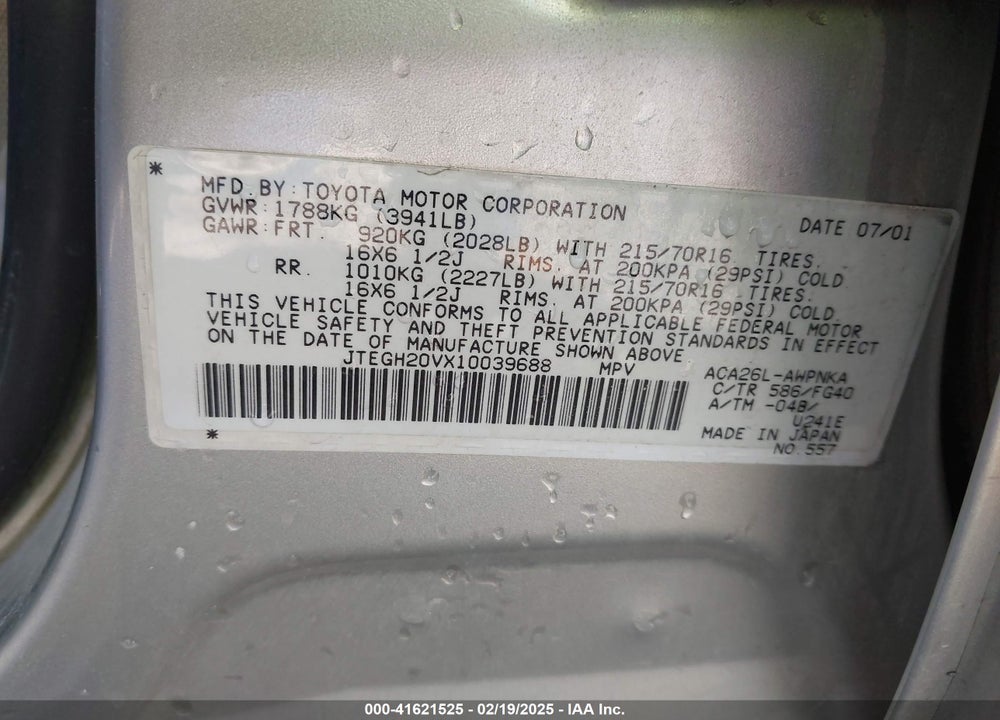 2001 TOYOTA RAV4 VIN: JTEGH20VX10039688