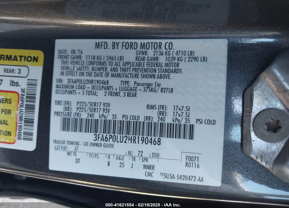 2017 FORD FUSION HYBRID VIN: 3FA6P0LU2HR190468