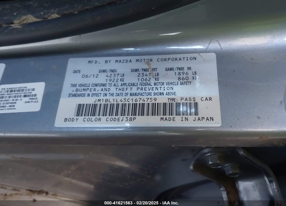 2012 MAZDA MAZDASPEED3 VIN: JM1BL1L45C1674759