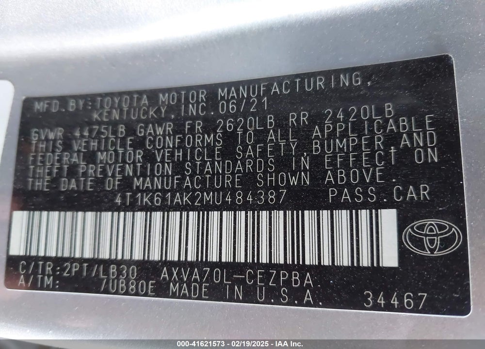 2021 TOYOTA CAMRY XSE VIN: 4T1K61AK2MU484387