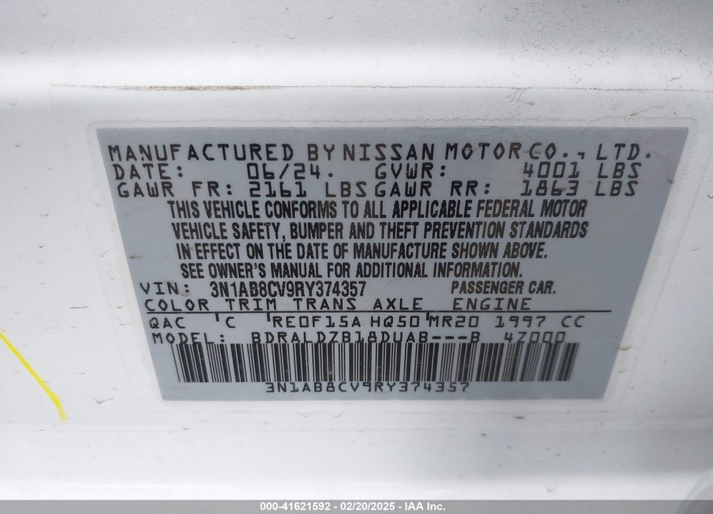 2024 NISSAN SENTRA VIN: 3N1AB8CV9RY374357