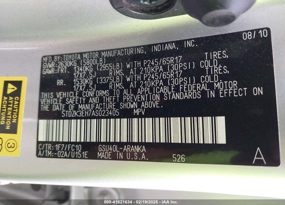 2010 TOYOTA HIGHLANDER VIN: 5TDZK3EH7AS023405