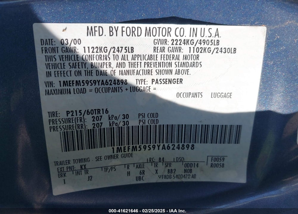 2000 MERCURY SABLE LS PREMIUM VIN: 1MEFM59S9YA624898