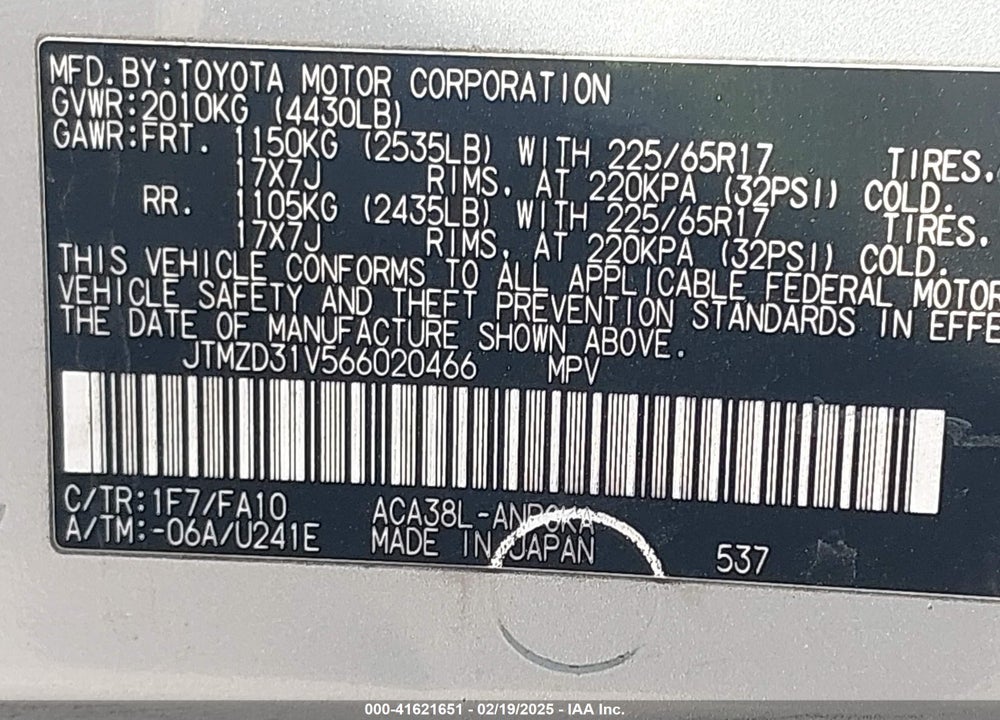 2006 TOYOTA RAV4 LIMITED VIN: JTMZD31V566020466