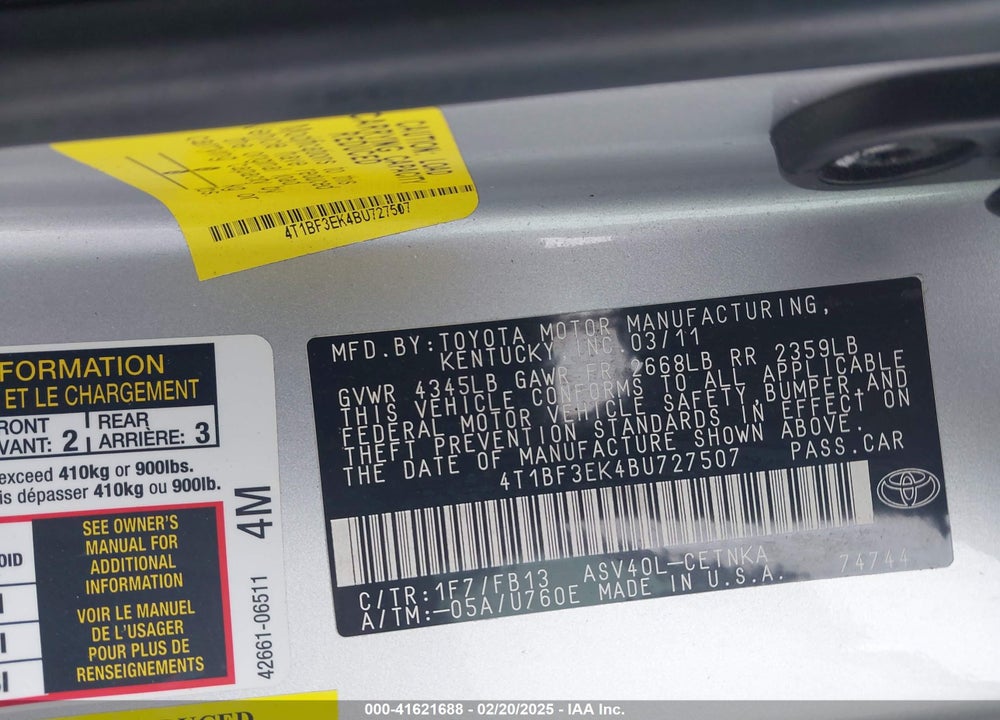 2011 TOYOTA CAMRY LE VIN: 4T1BF3EK4BU727507