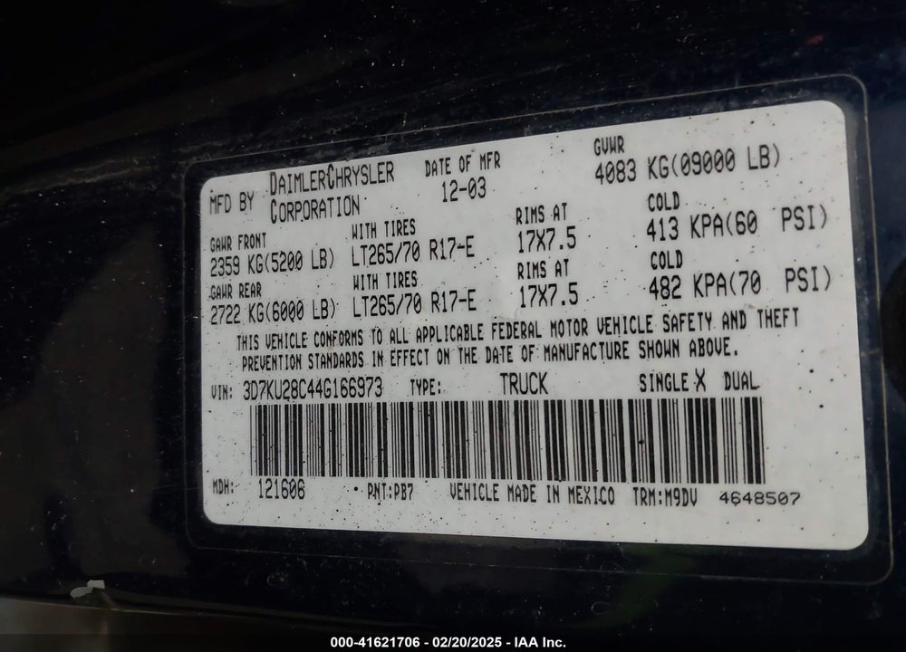 2004 DODGE RAM 2500 SLT/LARAMIE VIN: 3D7KU28C44G166973