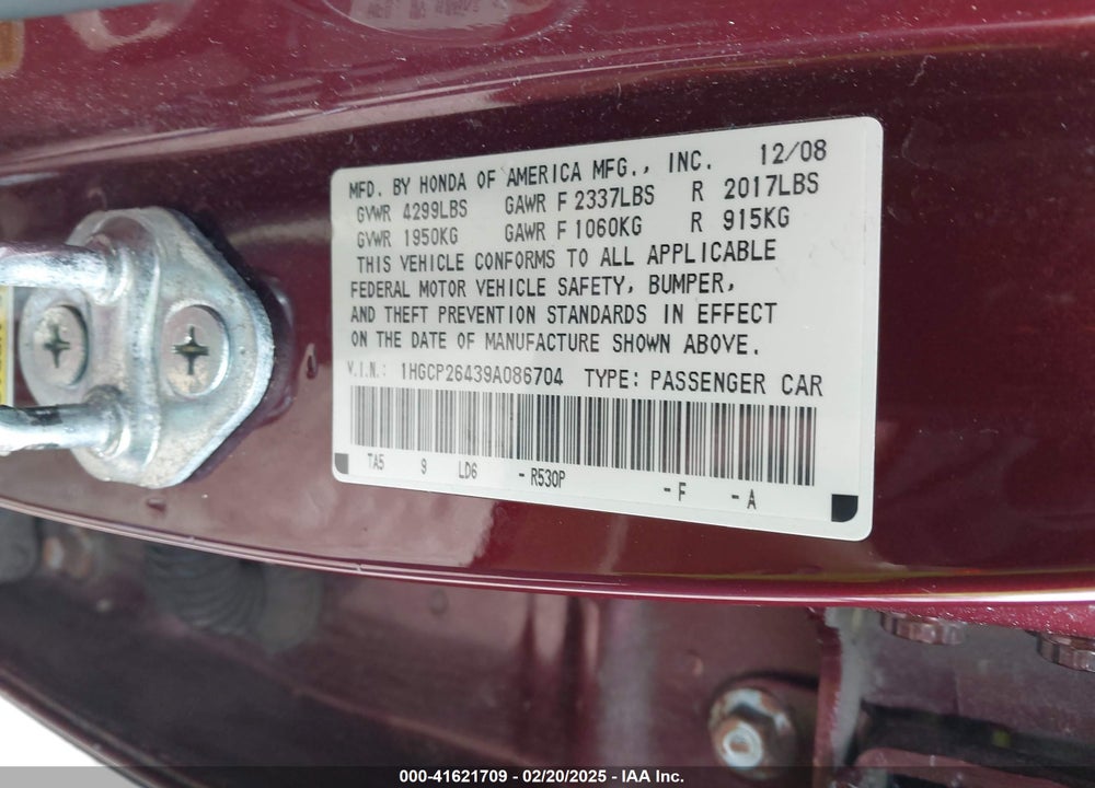 2009 HONDA ACCORD 2.4 LX-P VIN: 1HGCP26439A086704