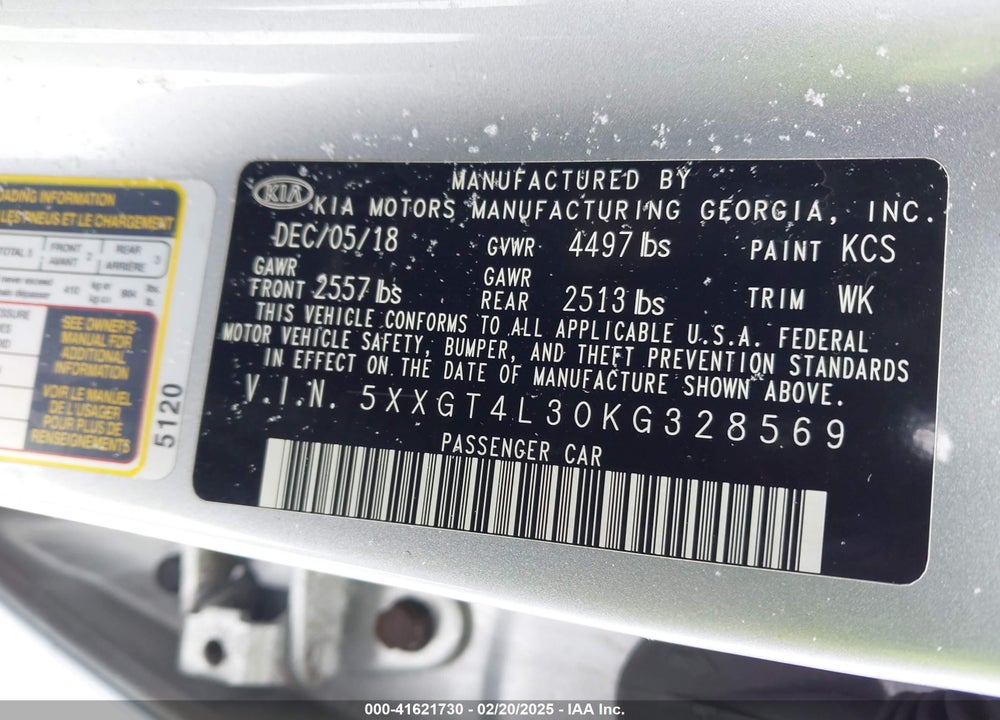 2019 KIA OPTIMA VIN: 5XXGT4L30KG328569