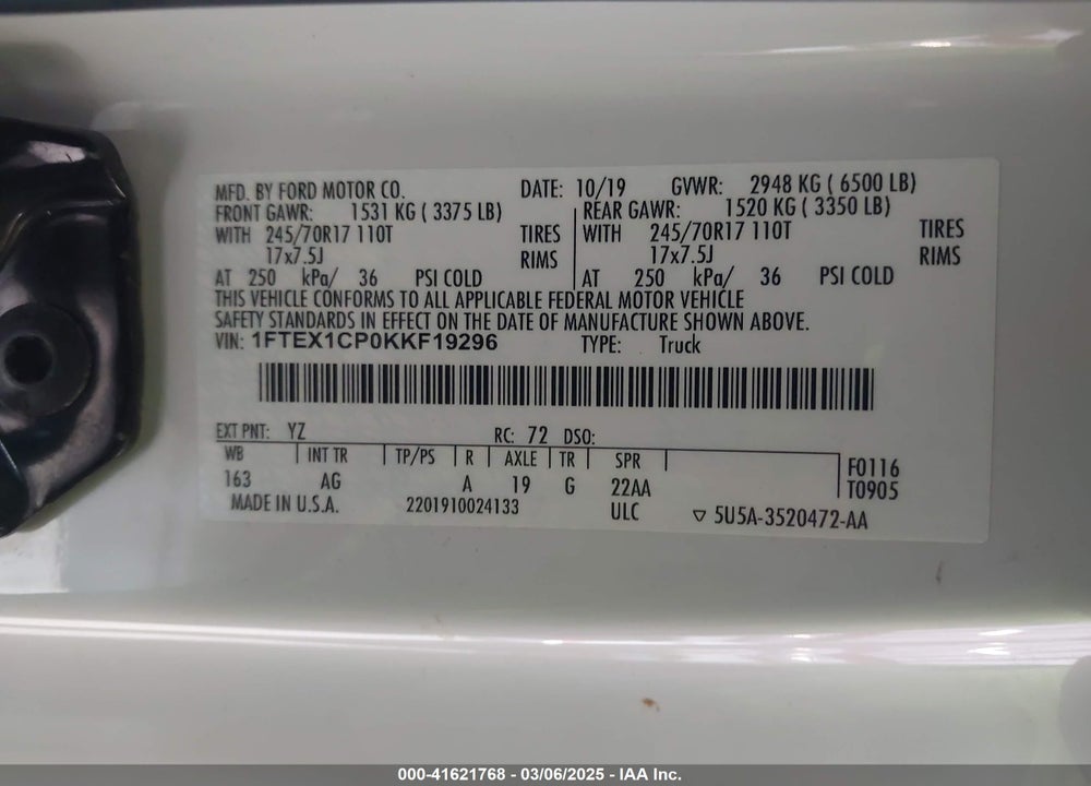 2019 FORD F-150 VIN: 1FTEX1CP0KKF19296