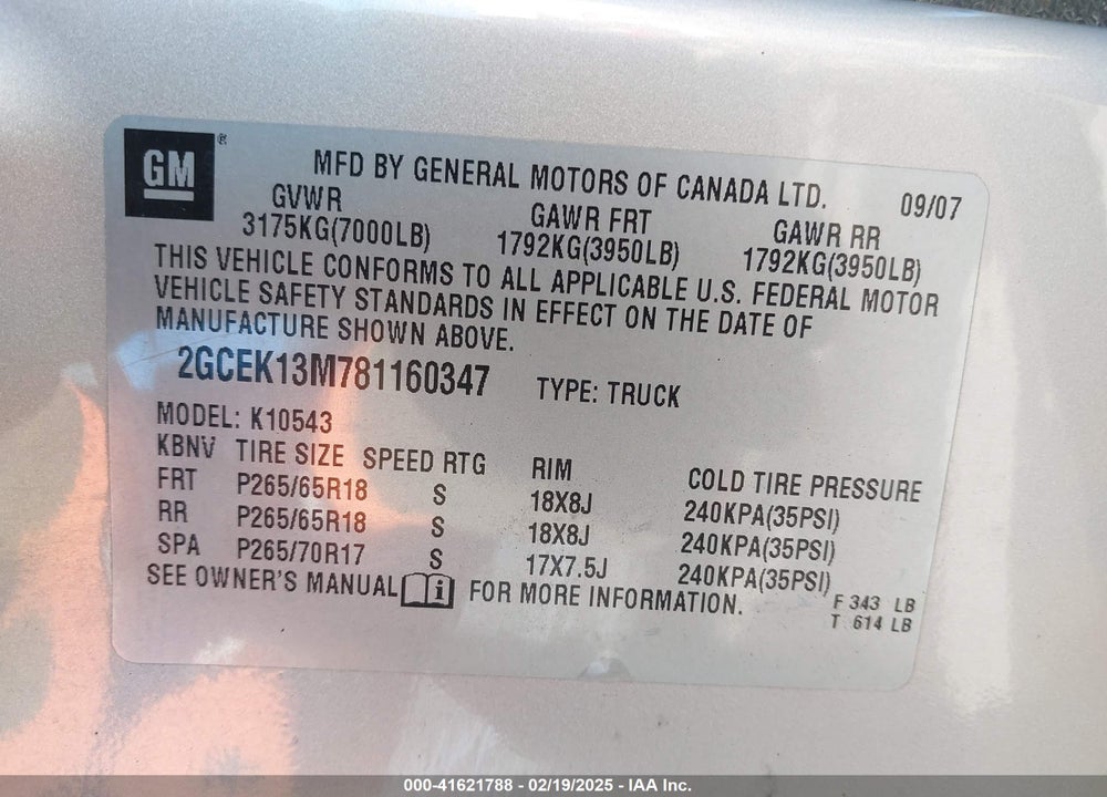 2008 CHEVROLET SILVERADO 1500 LT1 VIN: 2GCEK13M781160347