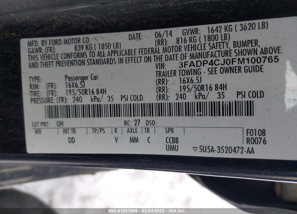 2015 FORD FIESTA VIN: 3FADP4CJ0FM100765