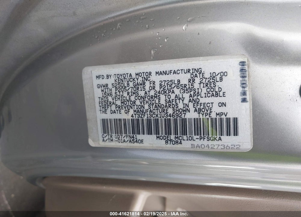 2001 TOYOTA SIENNA LE VIN: 4T3ZF13CX1U346927