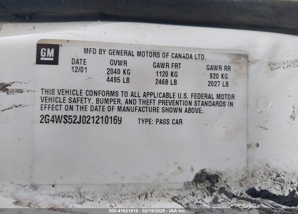 2002 BUICK CENTURY CUSTOM VIN: 2G4WS52J021210169