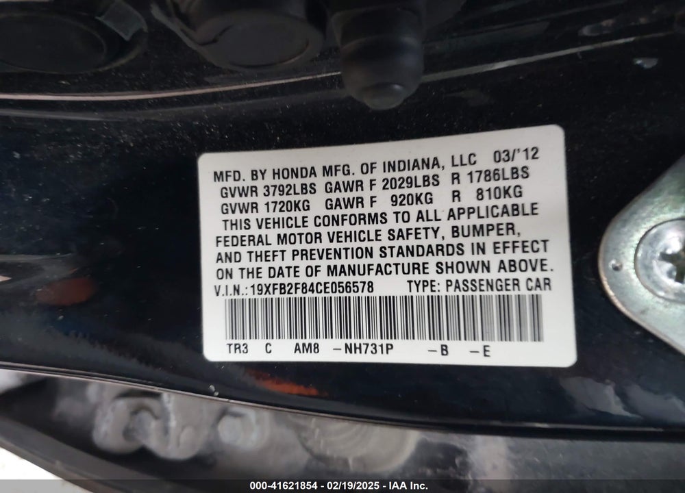 2012 HONDA CIVIC EX VIN: 19XFB2F84CE056578