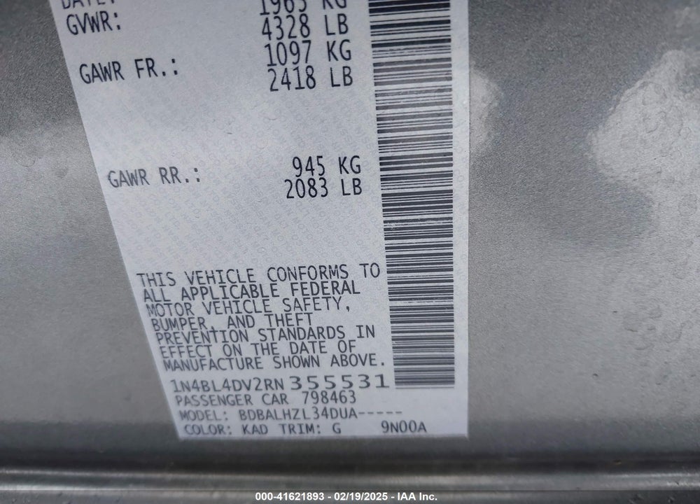 2024 NISSAN ALTIMA SV FWD VIN: 1N4BL4DV2RN355531
