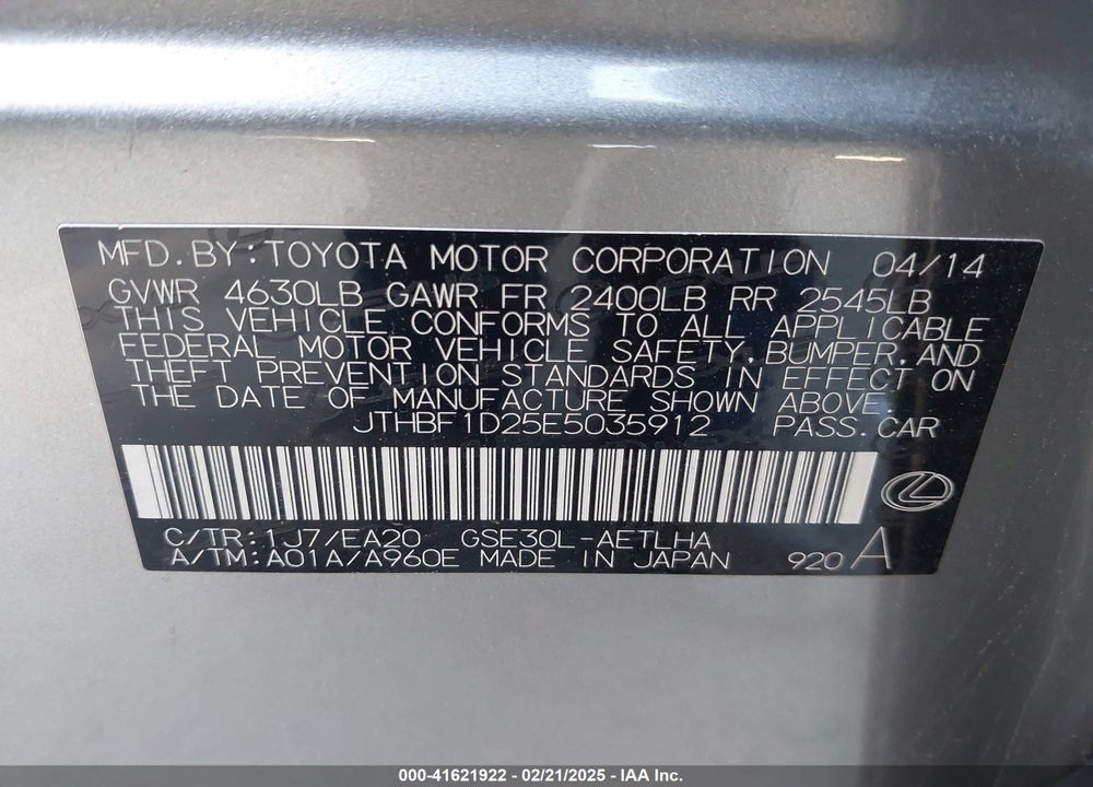 2014 LEXUS IS 250 VIN: JTHBF1D25E5035912