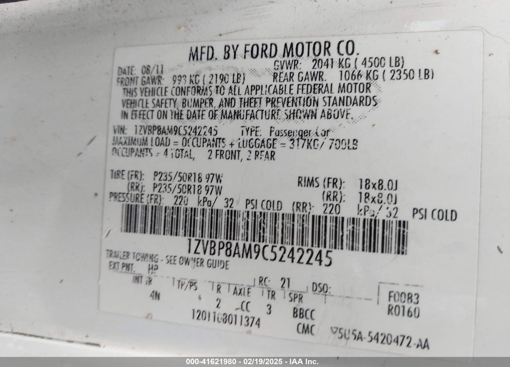 2012 FORD MUSTANG VIN: 1ZVBP8AM9C5242245