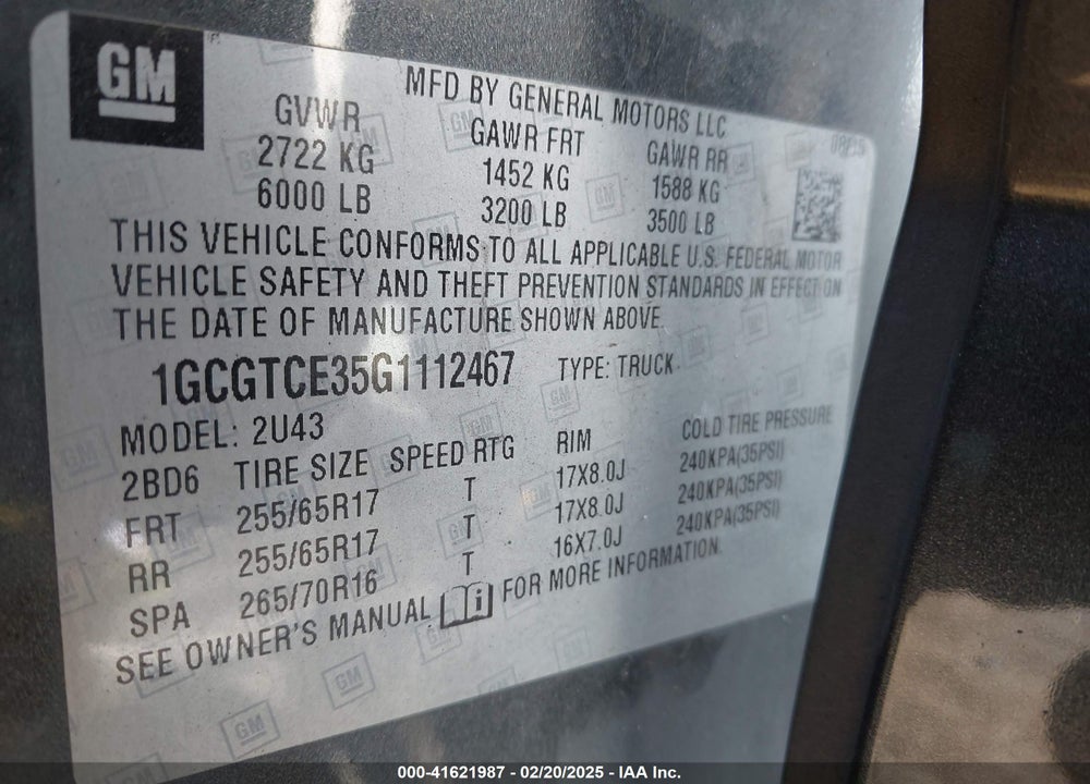 2016 CHEVROLET COLORADO VIN: 1GCGTCE35G1112467