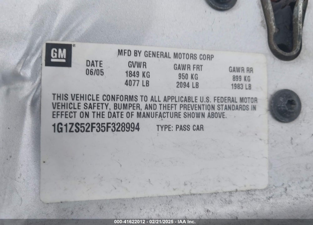 2005 CHEVROLET MALIBU VIN: 1G1ZS52F35F328994