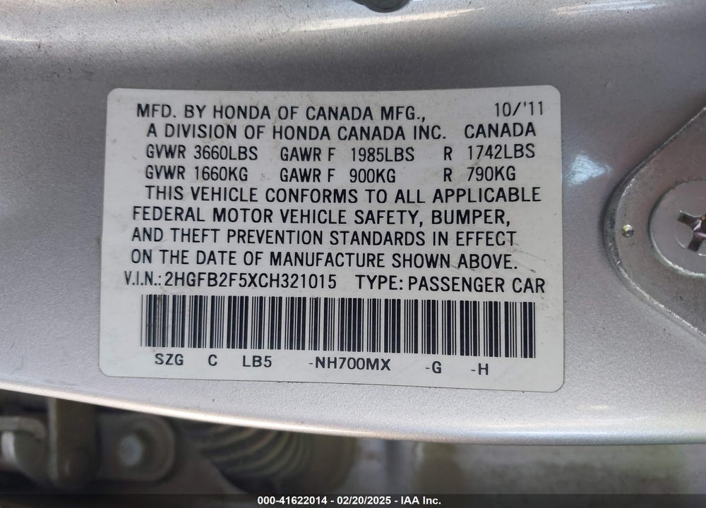 2012 HONDA CIVIC VIN: 2HGFB2F5XCH321015